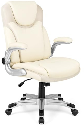 COSTWAY Kontorsstol, ergonomisk chefsfåtölj med fällbara armstöd, skrivbordsstol av konstläder med vippfunktion, höjdjusterbar snurrstol, datorstol kan belastas upp till 160 kg, beige