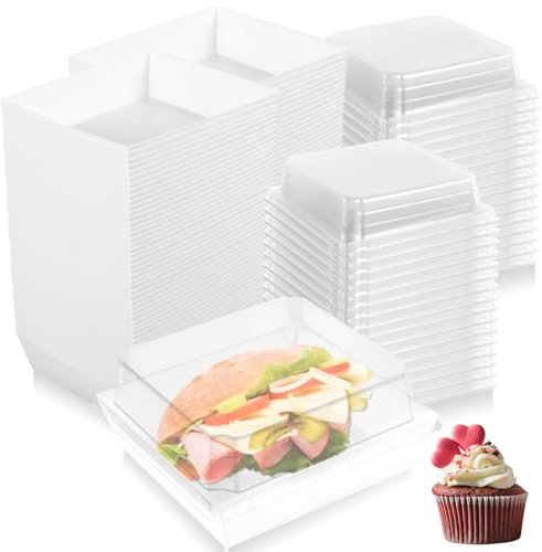 50Pcs Paper Dessert Boxes with Clear Lids 20oz Reusable Charcuterie Boxes Grease Resistant Cake Slice Containers Sealed Cupcake Storage Box for Muffins Slice Cakes Cookies Sandwiches -(White card)