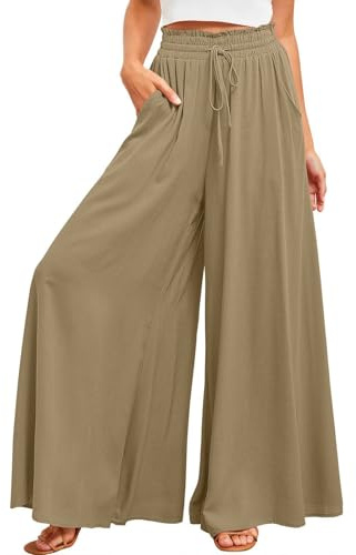 ROFUSSO Pantalons à Jambes Larges pour Femmes Pantalon Palazzo Léger Décontracté Pantalon Décontracté Pantalon D'été Élastique à Taille Haute Pantalon Elégant en Tissu de Couleur Unie avec Poches