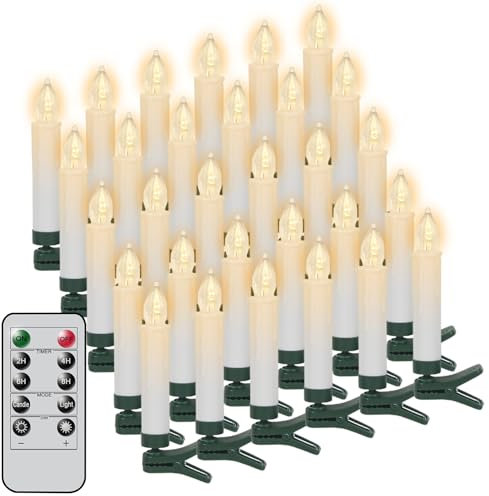 KunSwenn Clip On Christmas Tree Candles with Remote, 30 Pcs Candle Clips for Christmas Trees, LED Flameless Taper Candlesticks for Christma Tree Home Holiday Decor