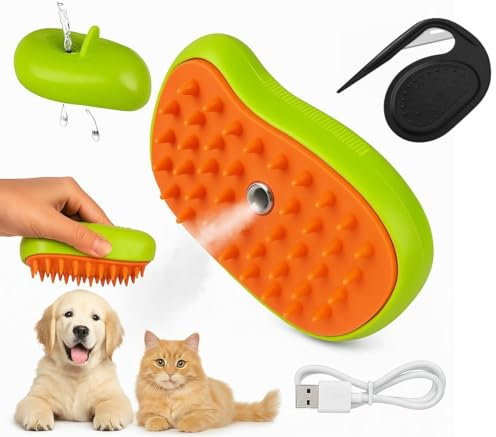 Katzenbürste mit Geschenk Knotting Comb. Steamy Cat Brush mit Wasser Massage Pflegebürsteund, Entfilzer mit Stahlklinge. 3-in-1-Dampfbürste für Haustiere, Pflege für Massage, Haarentferner