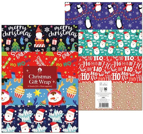 ANGIX 16 x Christmas Wrapping Paper Sheets 70 x 50cm - Assorted Cute & Traditional Festive Designs - Santa, Penguin, Reindeer & Candy Cane - Premium Xmas Gift Wrap Paper for Holiday Presents