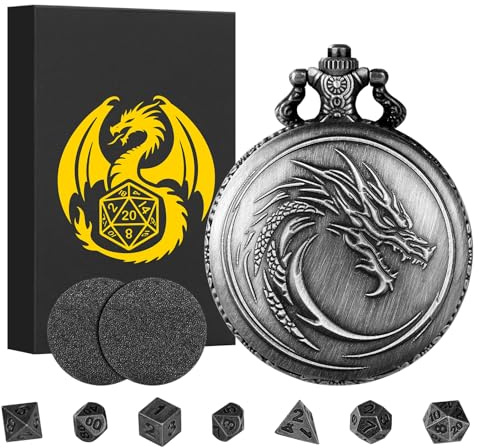 Mini DND Würfel Set, mit Steampunk Drachenkopf Totem Taschenuhrgehäuse, 7-teilige Polyedrische Metall D&D Würfel, DND Geschenke mit Geschenk Box, Rollenspiele-Brettspielzubehör Würfel, Dunkel Silber