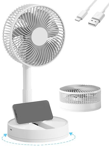 KASYDoFF USB Ventilator Leise, 5400mAh-24H Akkulaufzeit Oszillierend Tischventilator, 200mm Faltbarer Ventilator Klein, 4-Stufen ＆ Timer Mini Tischventilator for Apartment, Weiß