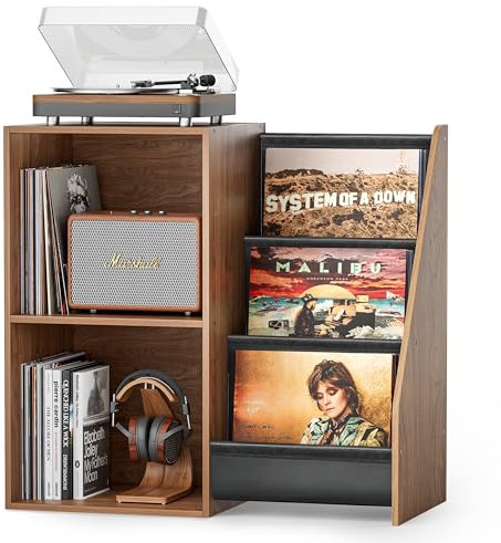 Bikoney Mueble para Tocadiscos con Almacenamiento de Vinilos – Mesa Giradiscos con Estante Expositor, Capacidad para 220 Discos, Consola de Medios para Estéreo y Equipos de Audio (Nogal)
