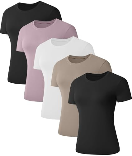 Kinglaman 5 Pack Women's Short Sleeve Basic T Shirts Tees, Slim Fit Crew Neck Tshirt Summer Tops for Casual Workout Trendy 2 Black 1 White 1 Pink 1 Khaki Small