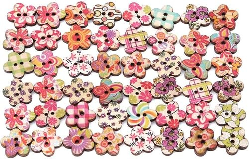 50 Stück mehrfarbige Holzknöpfe, handgefertigt, verschiedene Formen, niedliche Kunsthandwerk Knöpfe zum Basteln, Nähen, Dekoration, Blumen, praktisch
