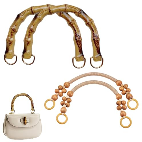 Manici Bamboo per Borse 4 Pezzi Manici per Borse,Manico per Borsa in bambù Artificiale,Manici per Borse con Perline,Manici di Ricambio Cinghie Fai da Te Borse Paglia Accessori Borse Tote Borsetta