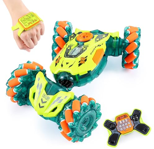 A ALPHA RC Voiture Télécommandée, 4WD 360°Rotation RC Véhicule Stunt Car avec LED, 2.4GHz Voiture télécommandée Tout Terrain pour Garçon Fille 3 4 5 6 7 8 9 10+ Ans, Vert