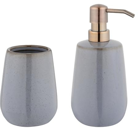WENKO Seifenspender Mod. Sirmione Bad-Accessoires Set freistehender Zahnputzbecher Keramik grau Badezimmer Deko Ø 8 x 17,5 cm Kunststoff Kupfer 0,43 l