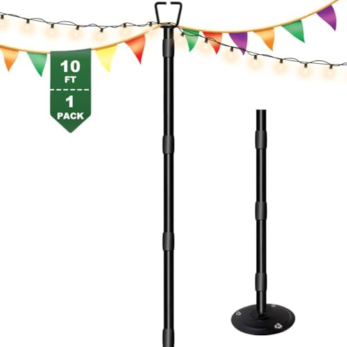HoldOneLight 10Ft Outdoor String Light Poles - Adjustable Height, Rust-Resistant Metal, Heavy Duty for Patio, Backyard, Garden & Party [Energy Class G]