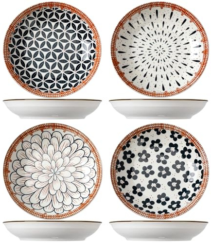 TuYines Ceramic Deep Dinner Plates Set of 4 Patterned,8 Inch Ceramic Dessert Plates,Salad Plates Set,Dinnerware Set for Pasta Bowls,Ramen Microwave & Dishwasher Safe