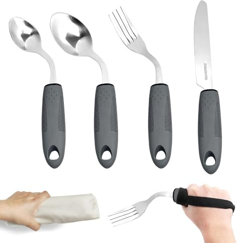 KBIBCK Juego de utensilios adaptativos, 4 cubiertos para manos artríticas, cubiertos flexibles para manos discapacitadas, ángulo de 42°, cubiertos flexibles con peso para personas discapacitadas