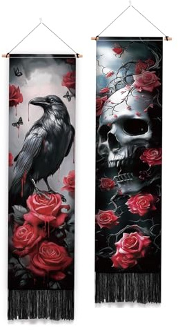 PLIGREAT Confezione da 2 arazzi verticali per Halloween, con testa di corvo nera e nappe, rosa gotica, per camera da letto, soggiorno, decorazione per la casa