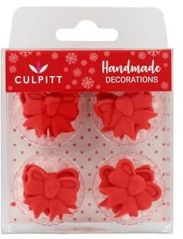 Culpitt Red Bow Sugar Pipings, Edible Royal Icing Decorations, Festive Christmas Ribbon Cake and Cupcake Toppers - Pack of 12