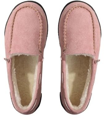 Mocasines con forro de piel para mujer, de espuma viscoelástica, para interiores, para invierno, para casa, mocasines sin cordones, con suela dura, estilo tradicional, forro de piel de faur, Pink, 39