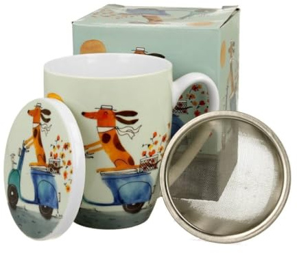 DUO Porcelain Taza de porcelana Perro en Scooter New Bone China con Infusor y Tapa, diseño divertido y colorido, ideal para Té y Regalo Incluye Caja Decorada – 360 ml