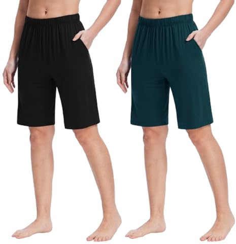 MoFiz Mujer Pantalones Cortos de Pijama Suave Verano Shorts hasta la Rodilla de Estar por Casa Dormir con Bolsillos 2 Pack-B Negro/Azul M