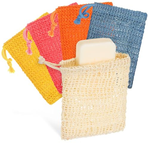 MALUGOGO Lot de 10 sacs à savon en coton et lin avec cordon de serrage, pochettes en maille pour exfoliation et séchage, accessoires de salle de bain multicolores adaptés pour la douche et le