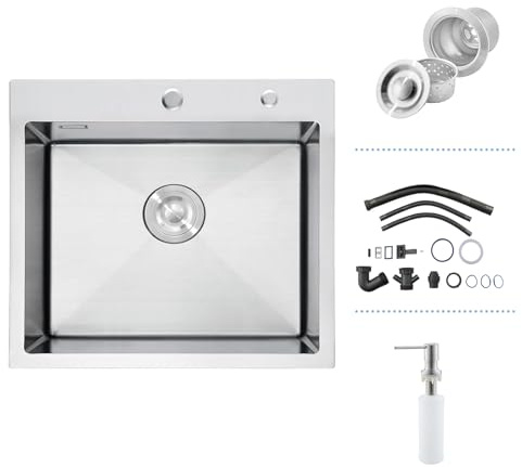 Fregadero Cocina 1 Seno, Fregadero Acero Inoxidable Cepillada 50 x 45 cm con Desbordamiento,Sifón, Dispensador de Jabón, Fregadero Pequeño con 2 Orificios para Grifo, Sobre Encimera o Enrasado