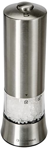 Zassenhaus Salz und Pfeffermühle Elektrisch GERA | Keramikmahlwerk | | rostfreier Edelstahl | präzise einstellbarer Mahlgrad | inkl. Salzfüllung und Batterien | Gewürzmühle | Ø 6 x 20 cm