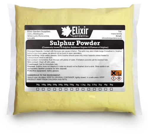 Elixir Gardens Flowers of Sulphur 99.99% Purity Fungicide & Soil Conditioner | Sulphur Powder Fertiliser | Various quantities available from 50g to 5kg | 100g