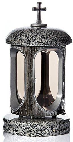 Large Round Granite Memorial Lantern – H 8.6 (22cm) Grey Graveside Tribute with Cross & Silver Frame - Funeral Gift, Cemetery Grave Ornaments, Memory Lantern, Candle Decoration for Graveyard