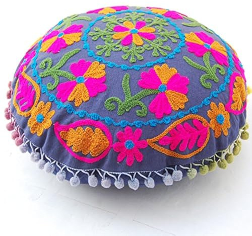 Indacorify Traditional Jaipur Boho Throw Round Suzani Pillow Covers, Embroidered Cushion Covers 16, Decorative Throw Pillow Cases, Indian Pom Pom Outdoor Cushions, Boho Pillow Shams