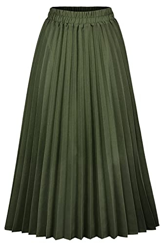 CHARTOU Womens Chic Elastic High Waisted A Line Leopard Print Pleated Shirring Midi-Long Skirt (Army Green, X-Small)