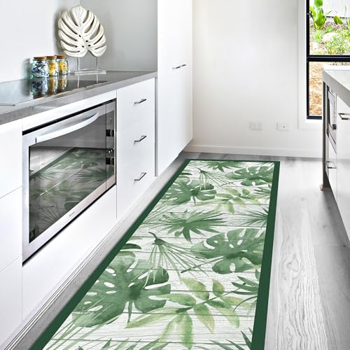 CREARREDA Tapis de Cuisine en PVC Antidérapant, Lavable, Ignifuge et Anti-Rayures - 100% Made in Italy - Green Tropical 50x120