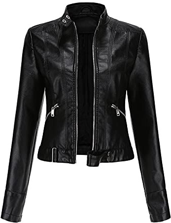 YYNUDA Veste Femme Cuir Court Blouson avec Ceinture Motard Col Montant Biker Zippé Vintage Manteau Bombers Moto,Noir,XL