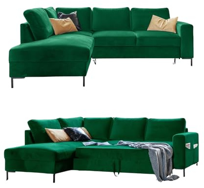 MIUFORM Lofty Lilly mit Bettfunktion| 6 Sitzer Ecksofa | L-form links | 237 x 197 x 84cm | Klappsofa mit Schlaffunktion | Schlafsofa klappbar (Velour Flaschengrün)