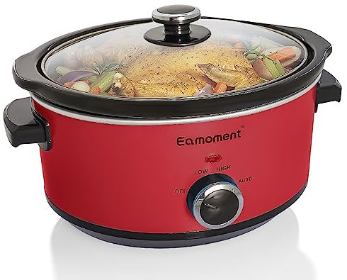 Eamoment 3,5L | 200W slow cooker con 3 impostazioni di calore e indicatore di potenza, lavabile in lavastoviglie e con manici, coperchio in vetro facile da pulire (rosso)