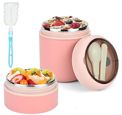 Lunchpot,Vaso de cereales para llevar, 710 ml, de acero inoxidable, práctico recipiente para cereales, con cuchara y cepillo de esponja, doble capa, escuela, picnic