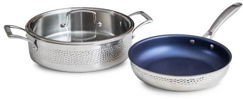 The Blue Jean Chef 3-Piece Stainless Steel Cookware Set, Hammered Finish, Tri-Ply Construction Clad Cookware, Nonstick; Induction, Oven & Dishwasher Safe