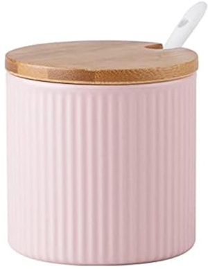 YORROR Azucarero de cerámica de 300 ml con tapas de bambú, cuchara de porcelana, cuenco de sal de porcelana, recipiente de especias, condimentos, tarro de miel para el hogar y la cocina (rosa)