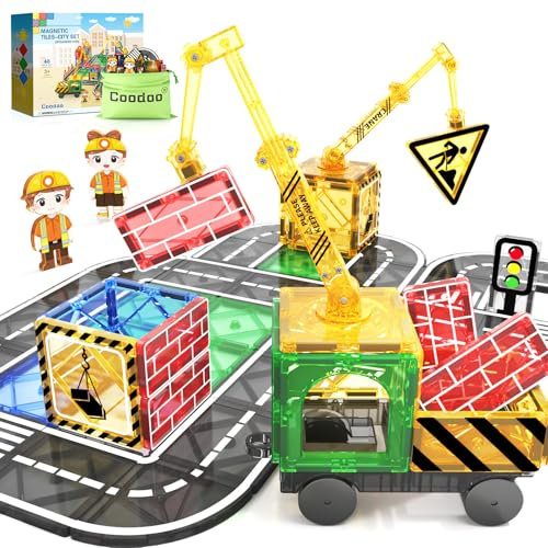 Kinderspiele Magnetische Bausteine Straßenset mit ausfahrbarem Magnetkran, Stadt Bauspielzeug für Kleinkinder Vorschulspielzeug Alter 4-6 5-7, Geschenke für Jungen Mädchen ab 3 Jahren Kinderspielzeug