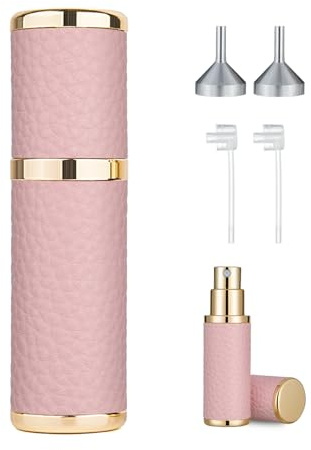 Sinyutia Mini flacon de parfum portable rechargeable, atomizador de voyage en cuir de 5 ml, pulvérisateur à brume fine, avec entonnoir et diffuseur de parfum pour homme et femme (rose)