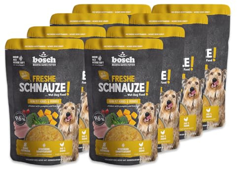 Bosch Freshe Schnauze, Huhn mit Kürbis und Brokkoli 8 x 250 g, Schonend Dampfgegartes Nassfutter für Hunde, Vollwertiges Alleinfuttermittel mit hohem Fleischgehalt, 8 x 250 g Hundenassfutter