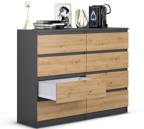 Beneli Kommode Anthrazit Artisan 120x40x97 cm | Schubladenkommode mit 8 Schubladen | Modernes Sideboard für Wohnzimmer, Flur & Schlafzimmer | Holzoptik & Eleganz