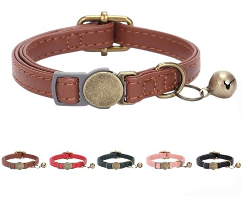 THAIN Leather Cat Collar with Bell Breakaway- Adjustable, Durable, Retro Bell fit Most Cats and Kittens (Brown)