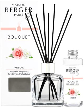 MAISON BERGER Duftbouquet Elegantes Paris Glaçon Transparent, 100 ml | Komplettset: Flakon aus Klarglas, 6 schwarze Stäbchen und 100 ml Elegantes Paris, ohne Flamme und ohne Strom