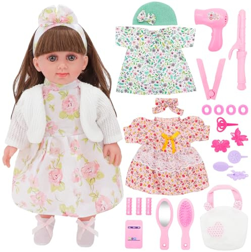deAO Baby Puppen Sister 36CM, Puppe mit Langen Haaren, Babypuppen-Spielset mit 3 Sets Puppenkleidung, Kammzubehör, Haarband und Handtasche, Puppe Spiel Set, Geburtstagsgeschenke für Mädchen ab 3 Jahre