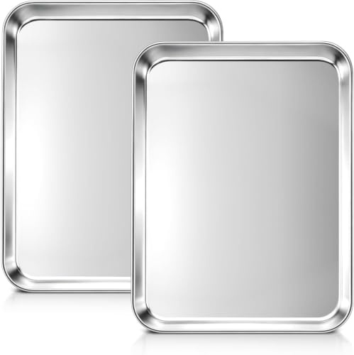 Stainless Steel Baking Tray 2 Pack, Heavy Duty Oven Trays for Cooking Roasting, Non-Warping Cookie Sheets for Baking Pizza Pastry, Dishwasher Safe Rustproof Kitchen Accessories – 23CM
