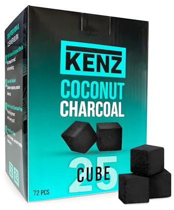 KENZ Coconut Charcoal Cubes 25 mm — 100% Natural, Low Ash, 72 pcs