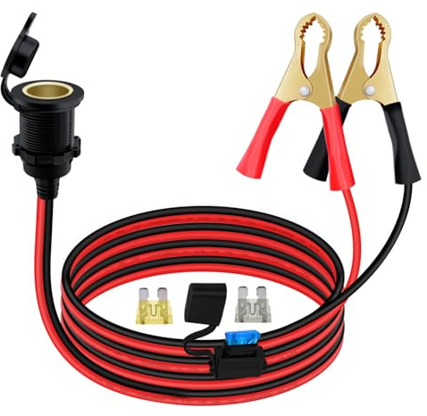 YINGAYOU Pinzas Bateria a Mechero Hembra Cable Mechero 12V 24V con Pinzas 14AWG 20A Con Fusible, Tapa Estanca y Rosca de Montaje para Automóviles, Motocicletas, Embarcaciones u Otros Equipos (2 m)