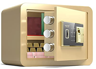 Safes Kleiner Heimtresor, Feuer- und diebstahlsichere Sicherheitsaufbewahrungsbox aus Stahl, geheime Geldkassette mit Fingerabdruck-Passwortschloss, Wandmontage, brauner versteckter Safe, Gold-A