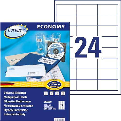 Europe100 Art. ELA008 Adressaufkleber (2.400 Klebeetiketten, 64,6x33,8mm auf A4, Papier matt, individuell bedruckbar, selbstklebende Adressetiketten, kompatibel zu AVERY 3658) 100 Blatt, weiß