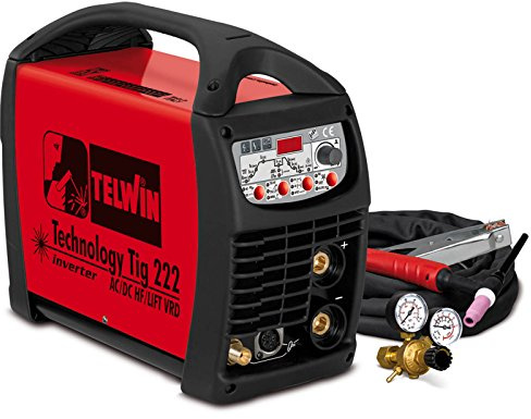 TELWIN Technology Tig 222 AC/DC HF/Lift VRD Pulse WIG-svetsmaskin med inverterteknik 230 V, set. inklusive slangpaket, jordkabel, tryckreducerare och adapter