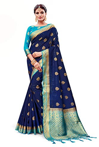Elina fashion Women's Banarasi Art Silk Woven Saree Summer Collection l Indian Wedding Traditional Wear Sari and Blouse Piece (Navy Blue 2)